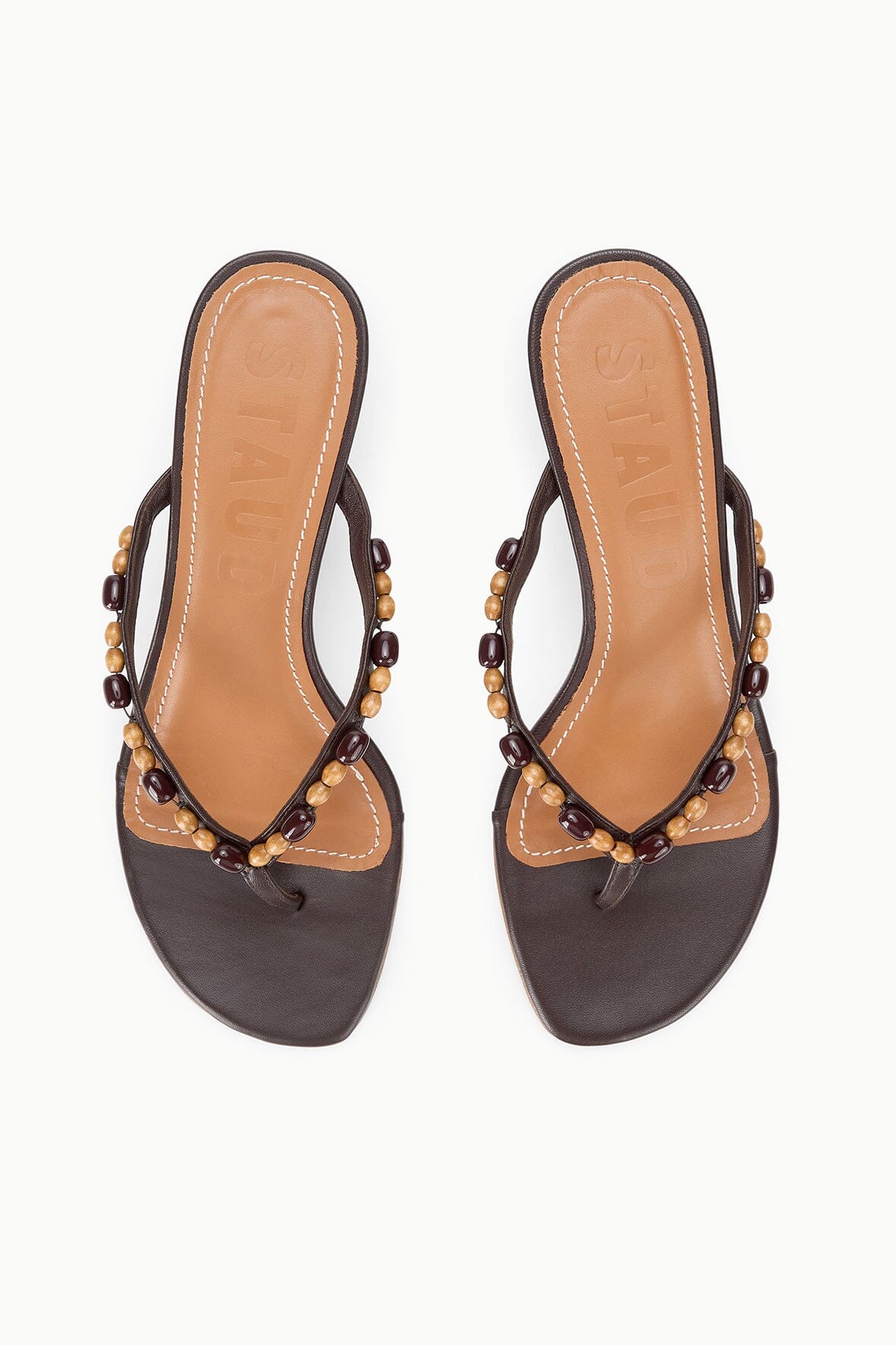 STAUD | Freja Brown Kitten Heel With Wood Bead Straps - Staud