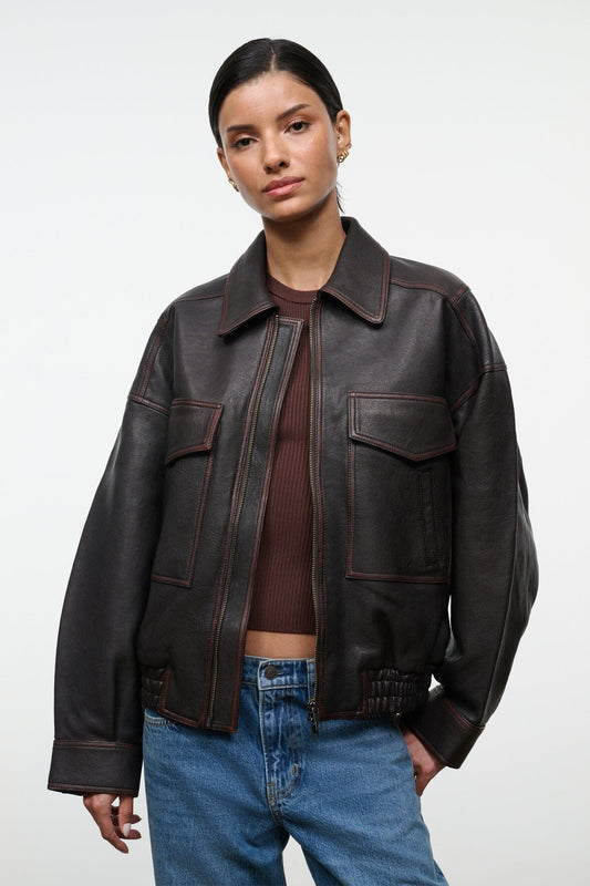 STAUD | Eugene Leather Jacket Distressed Brown