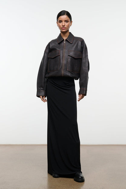 STAUD | Eugene Leather Jacket Distressed Brown