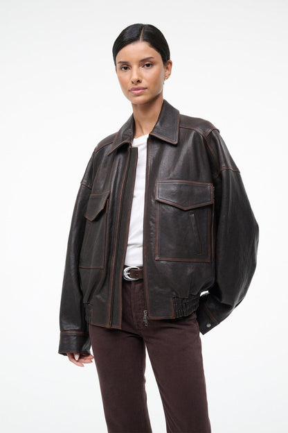 STAUD | Eugene Leather Jacket Distressed Brown