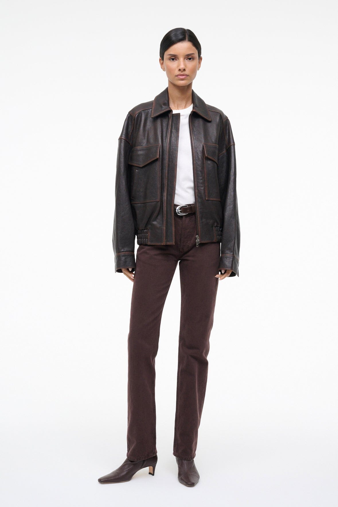 STAUD | Eugene Leather Jacket Distressed Brown