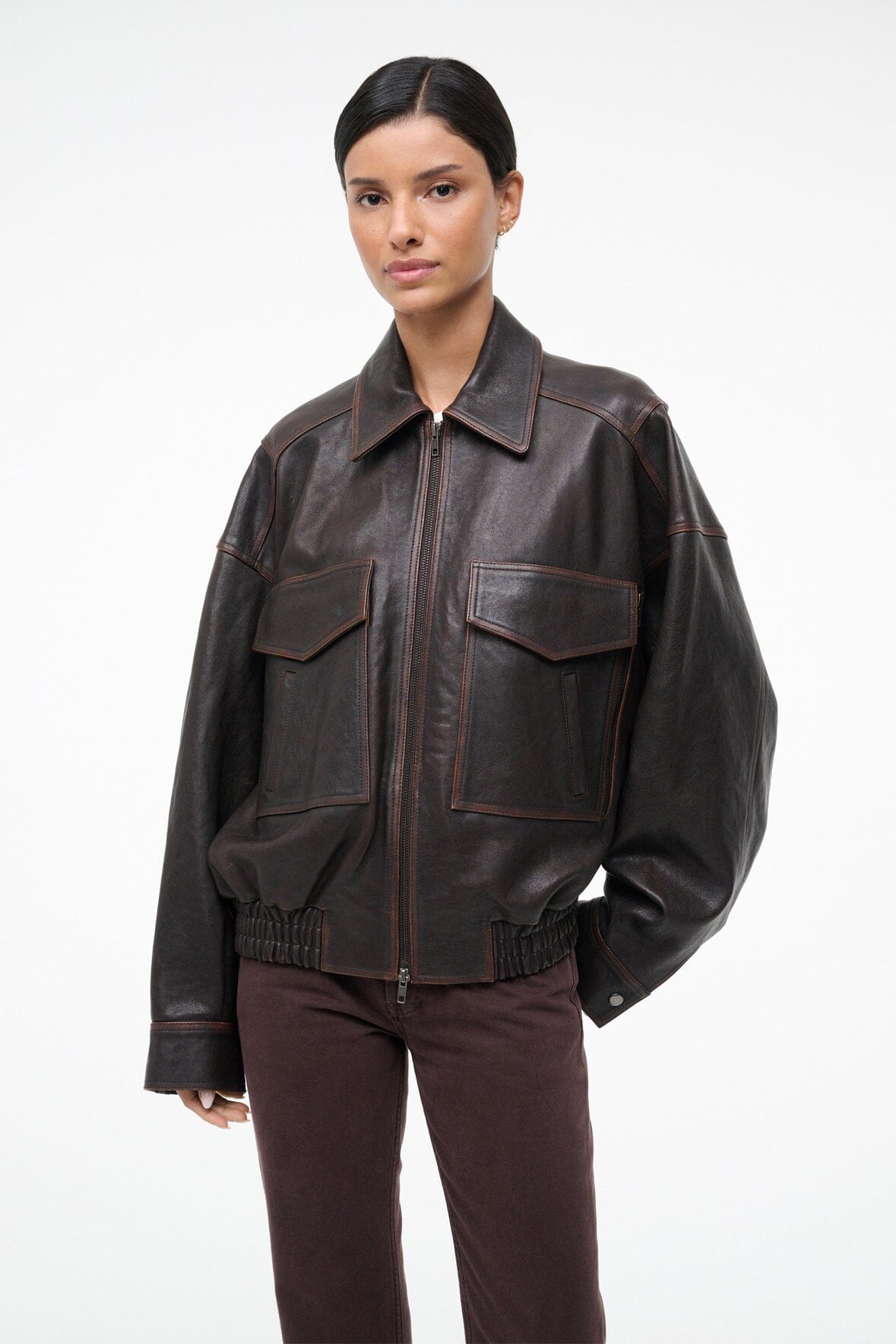 STAUD | Eugene Leather Jacket Distressed Brown