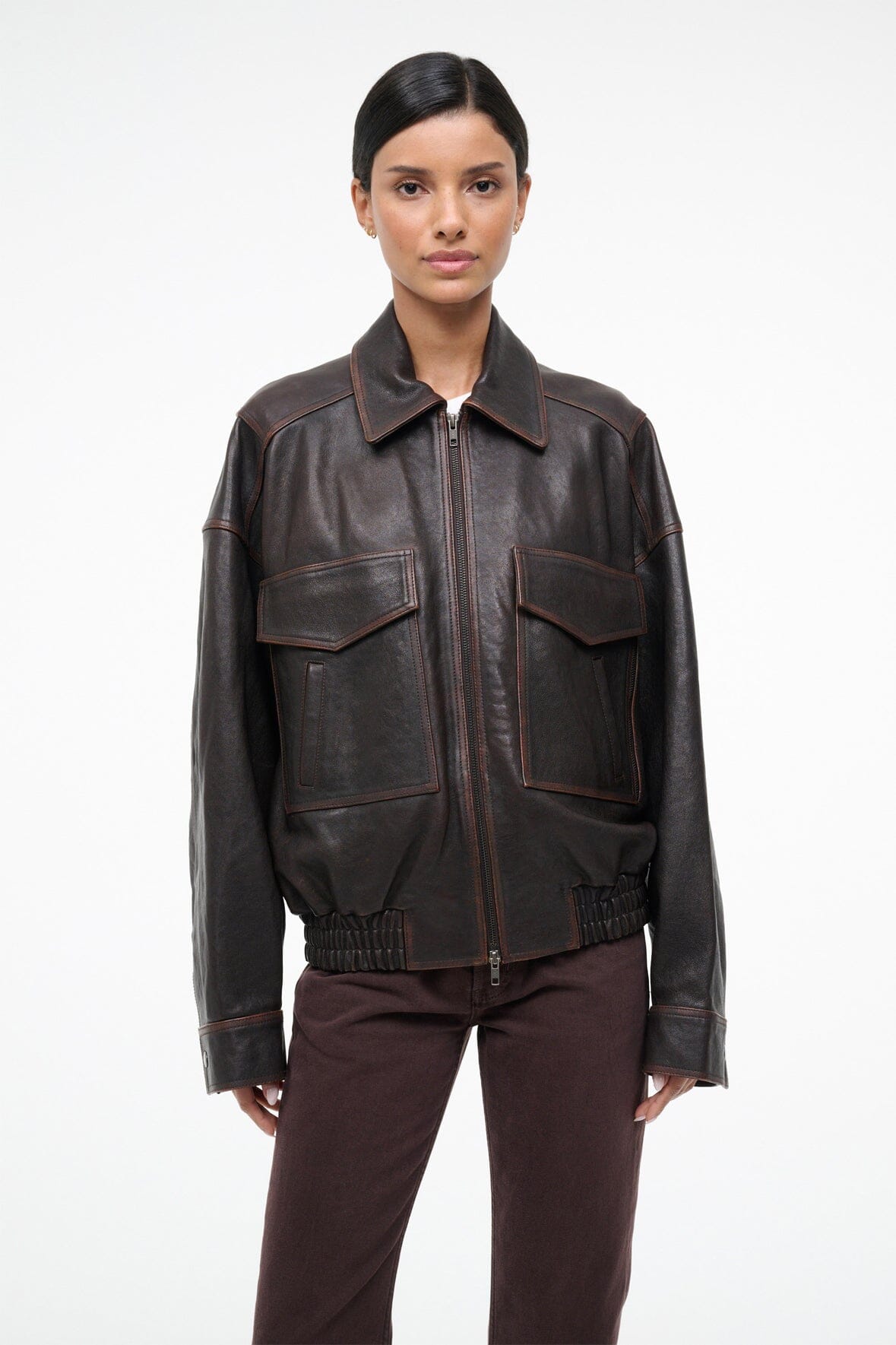STAUD | Eugene Leather Jacket Distressed Brown