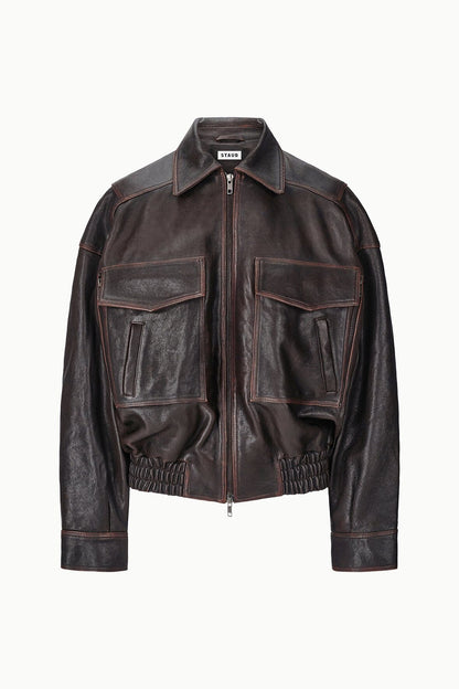 STAUD | Eugene Leather Jacket Distressed Brown