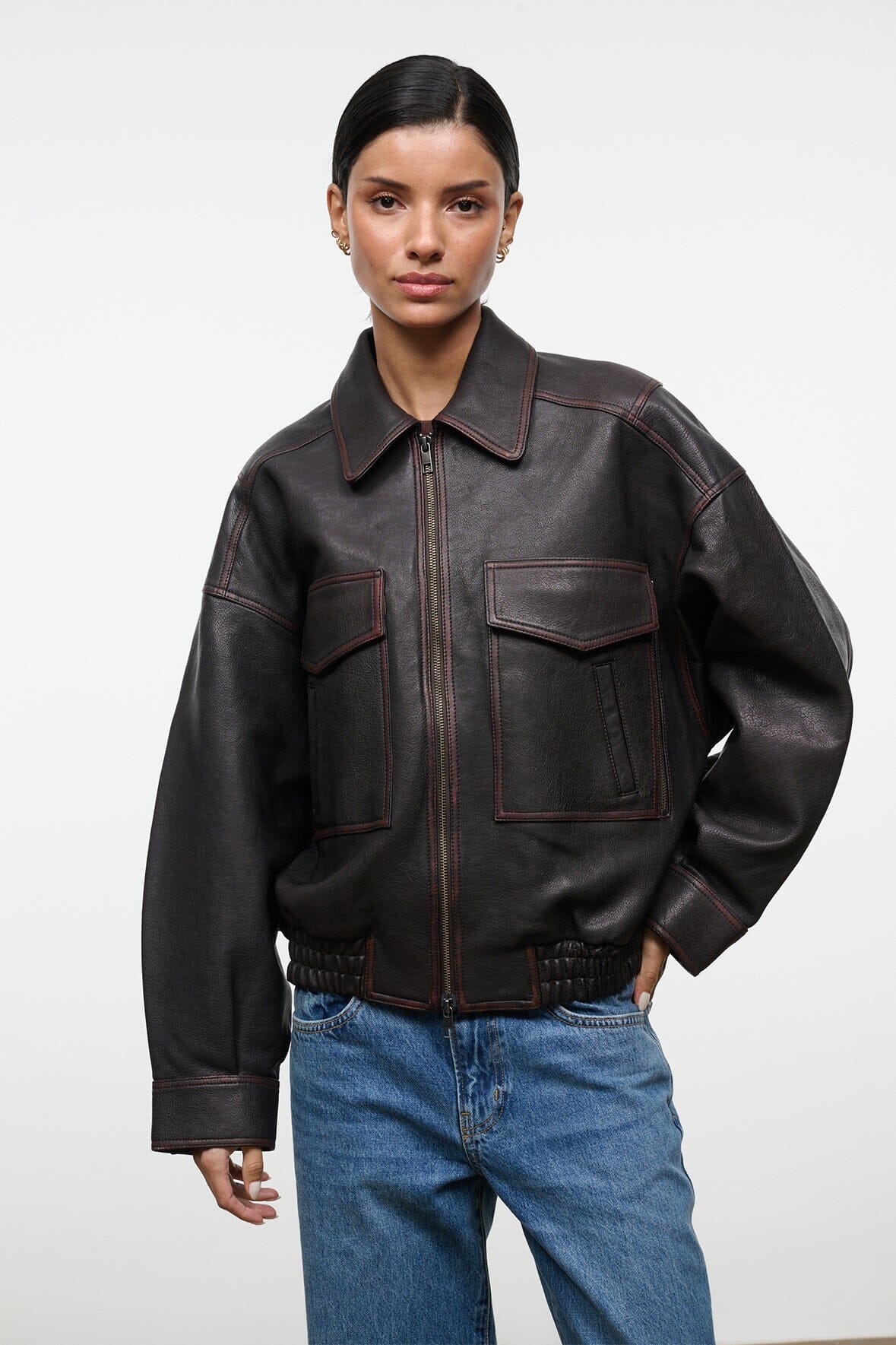 STAUD | Eugene Leather Jacket Distressed Brown