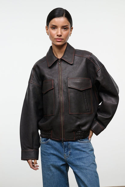 STAUD | Eugene Leather Jacket Distressed Brown
