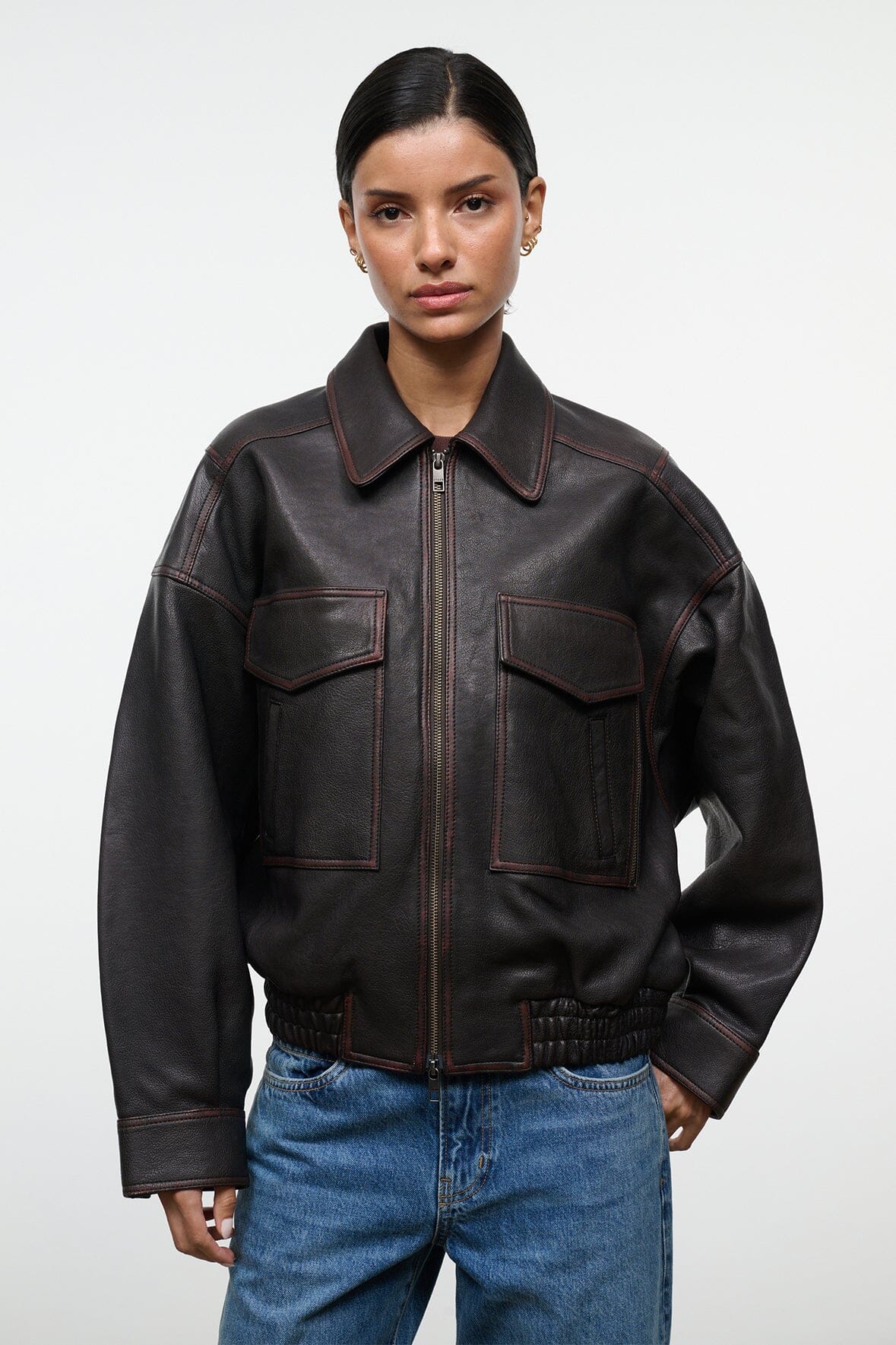 STAUD | Eugene Leather Jacket Distressed Brown