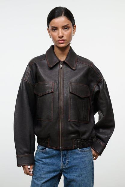 STAUD | Eugene Leather Jacket Distressed Brown