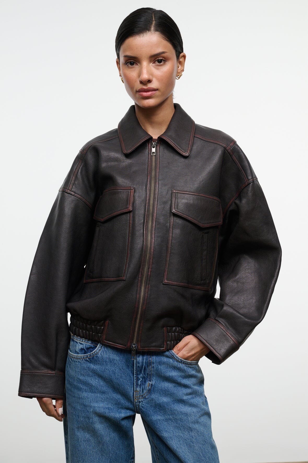 STAUD | Eugene Leather Jacket Distressed Brown