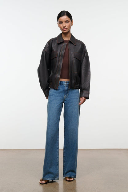 STAUD | Eugene Leather Jacket Distressed Brown