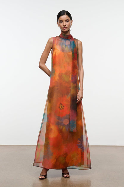 STAUD | Albee Dress Multicolor Sheer Organza With High Neck
