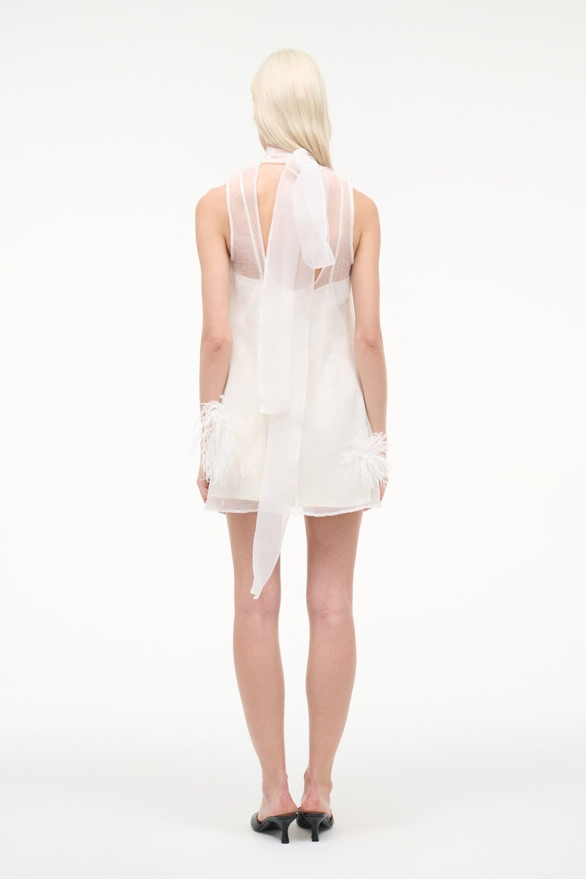 STAUD | Albee Mini Dress In White - Sheer Organza With Feathers
