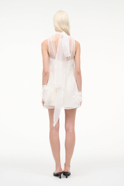 STAUD | Albee Mini Dress In White - Sheer Organza With Feathers