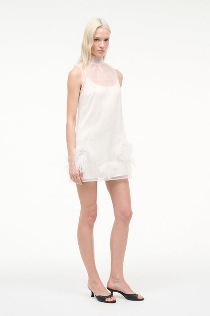 STAUD | Albee Mini Dress In White - Sheer Organza With Feathers