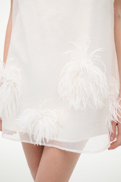 STAUD | Albee Mini Dress In White - Sheer Organza With Feathers