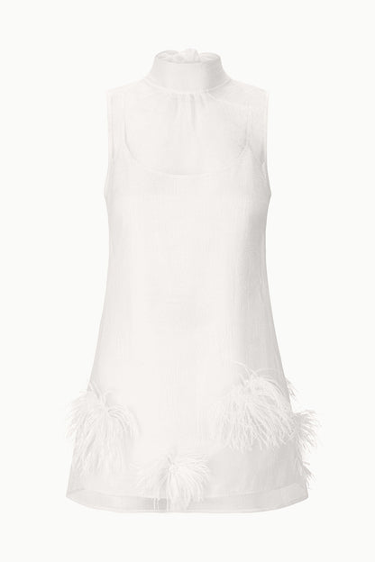 STAUD | Albee Mini Dress In White - Sheer Organza With Feathers