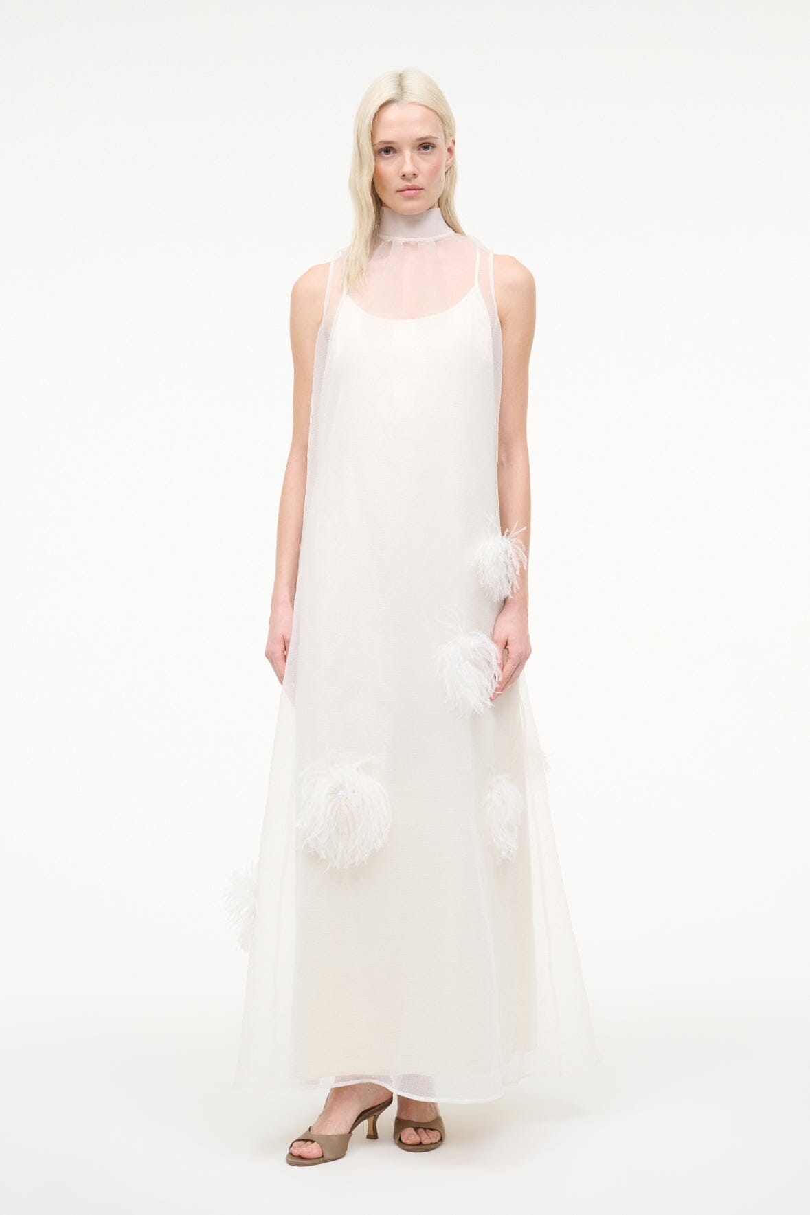 STAUD | Albee White Gown - Sheer Organza With Feather Details