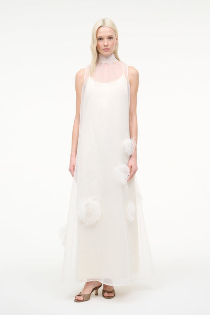 STAUD | Albee White Gown - Sheer Organza With Feather Details