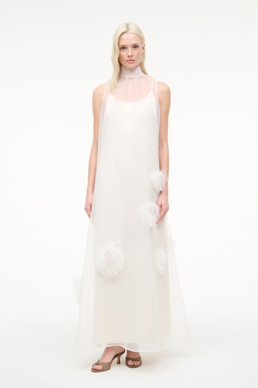 STAUD | Albee White Gown - Sheer Organza With Feather Details