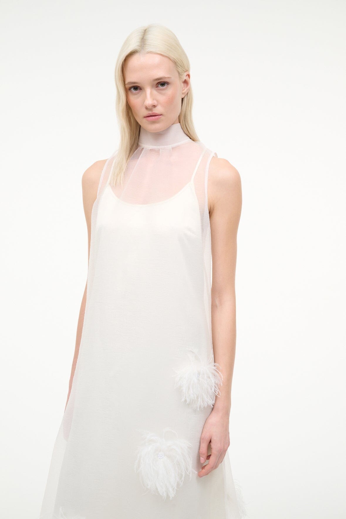 STAUD | Albee White Gown - Sheer Organza With Feather Details