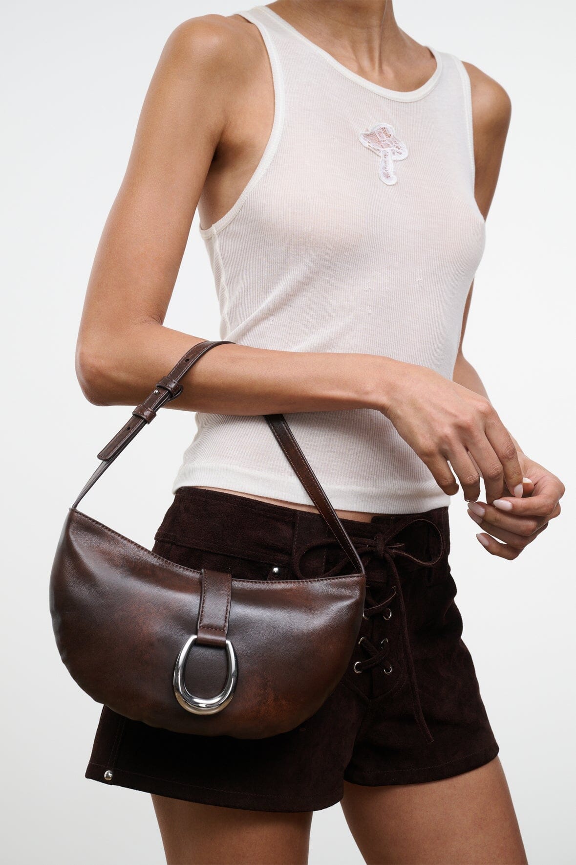 STAUD | Harlow Crescent Shoulder Bag Espresso Distressed