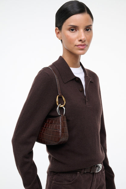 STAUD | Ollie Bag Espresso Croc Leather Mini Shoulder Bag - Staud