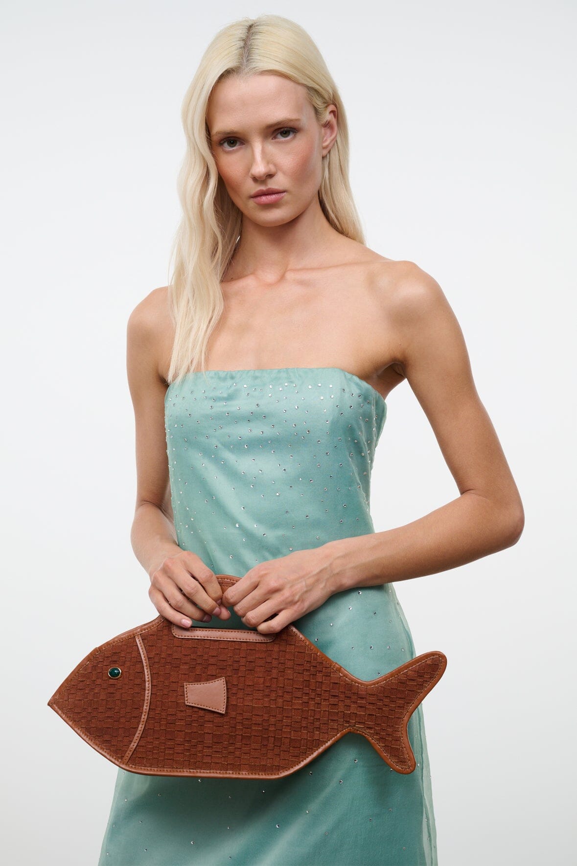 STAUD | Cleo Fish Bag In Tabac - Unique Woven Suede Design
