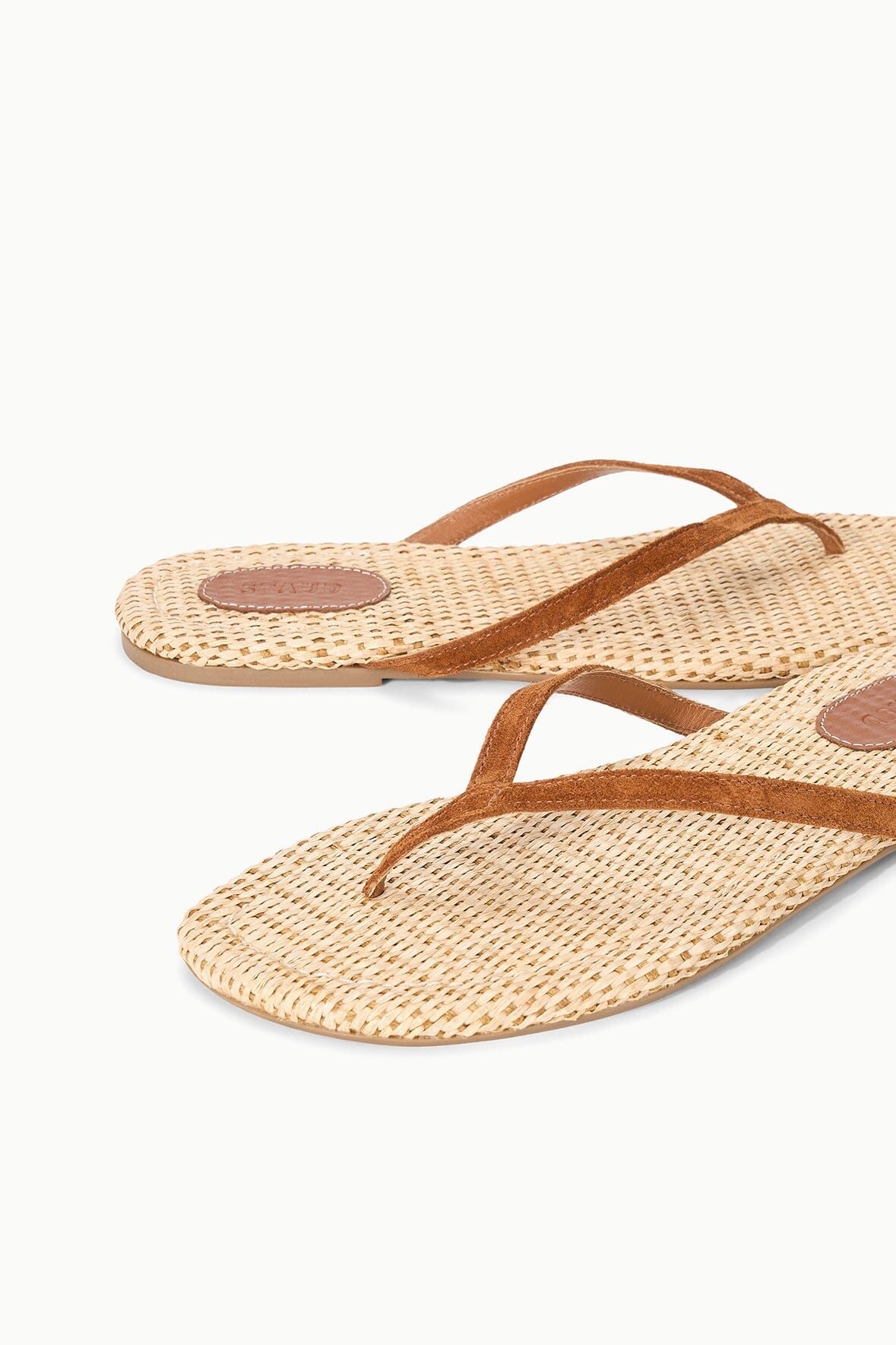 STAUD | Tan Suede Freja Flip Flop Sandals With Raffia Footbed