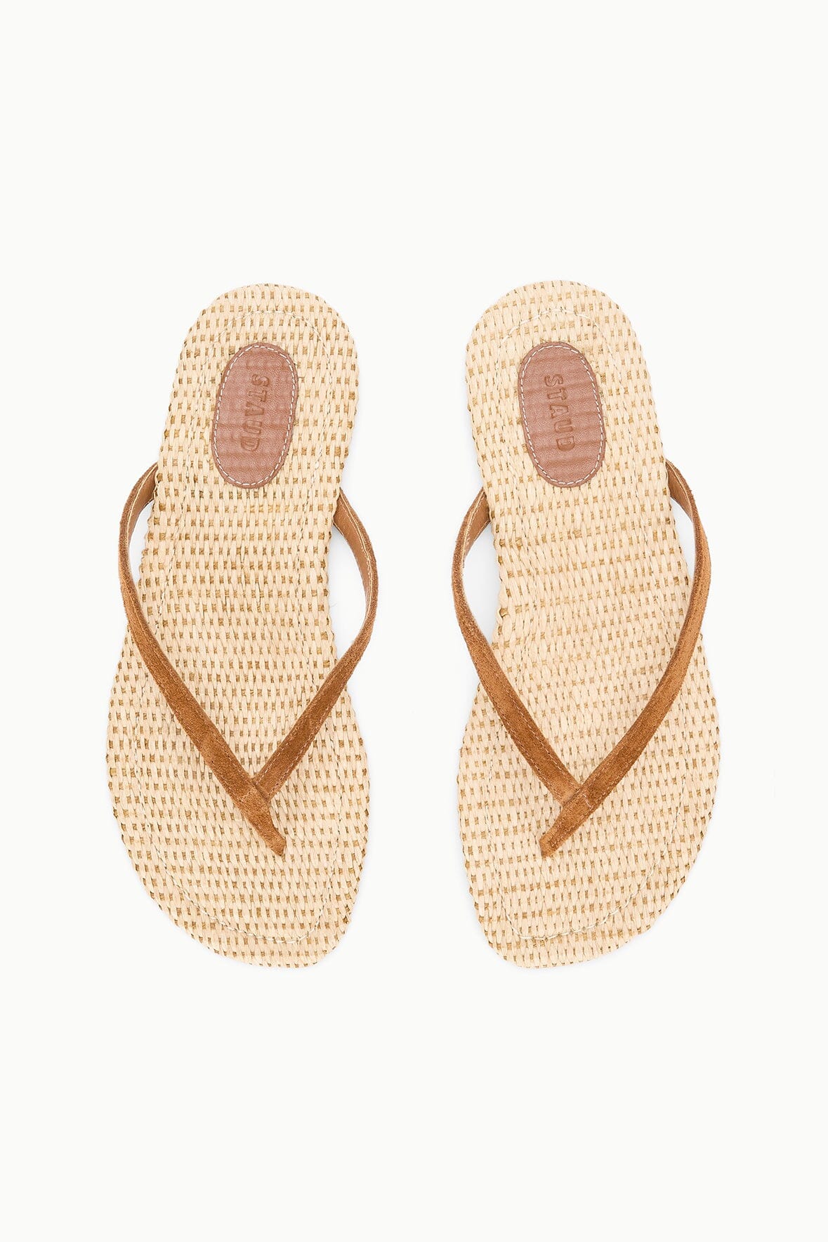 STAUD | Tan Suede Freja Flip Flop Sandals With Raffia Footbed