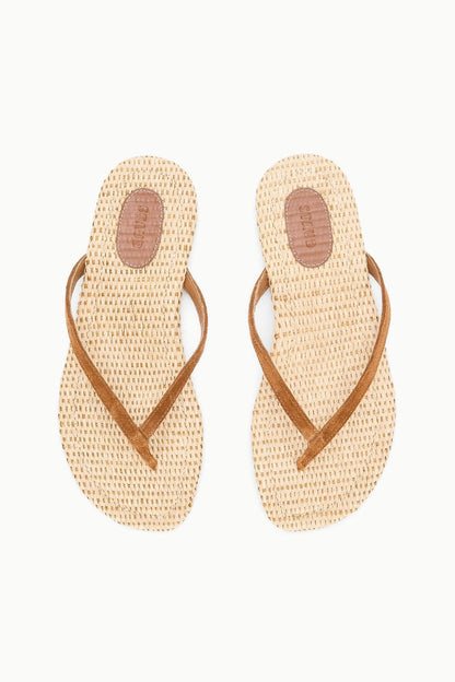STAUD | Tan Suede Freja Flip Flop Sandals With Raffia Footbed