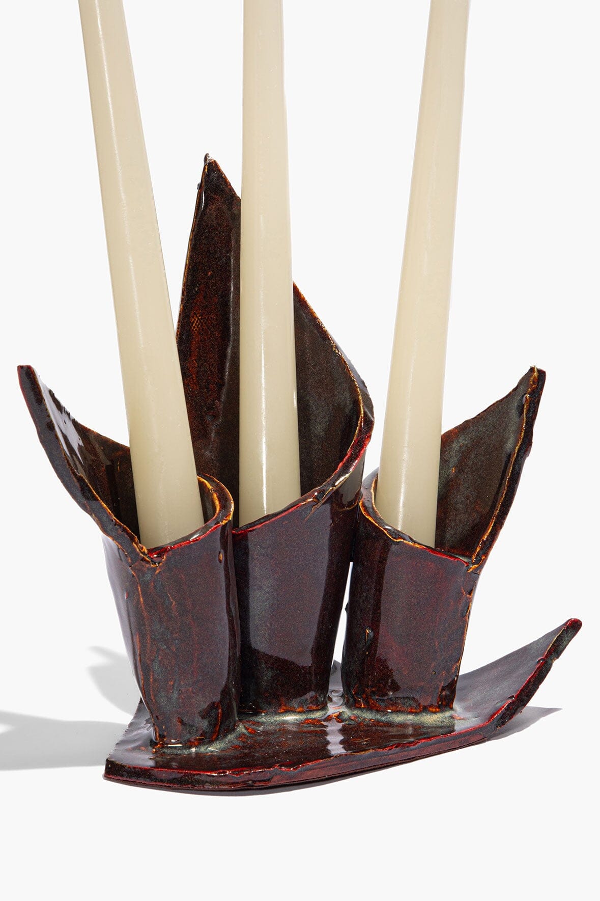 STAUD | Ceramic Triple Candlestick Holder Maroon Wash Glaze