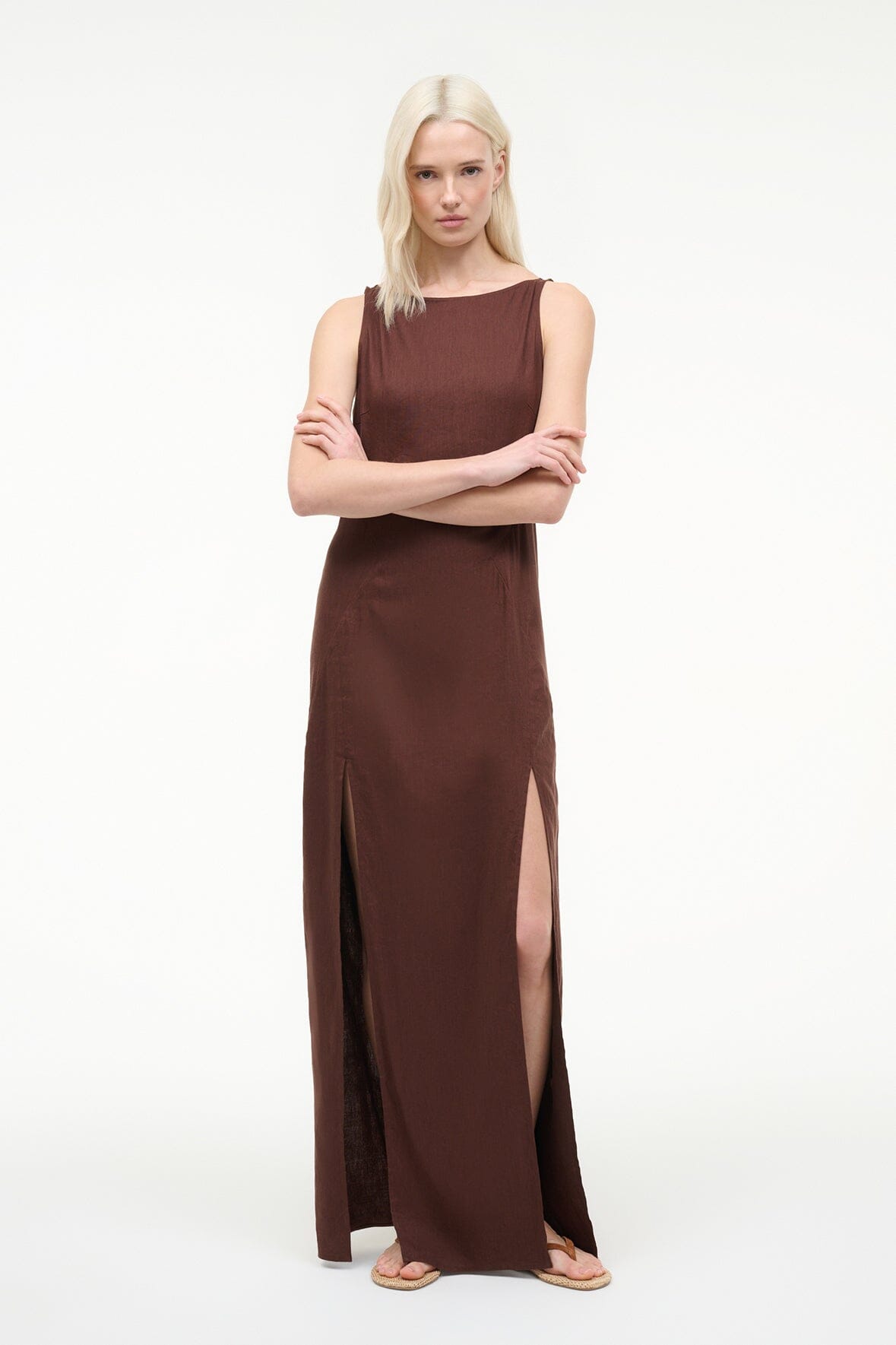 STAUD | Costa Linen Dress Dark Oak