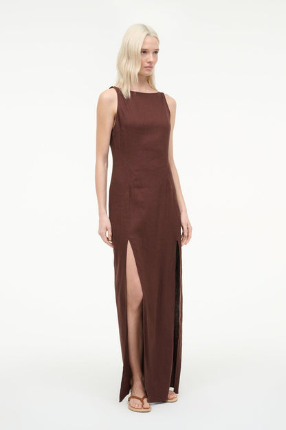 STAUD | Costa Linen Dress Dark Oak