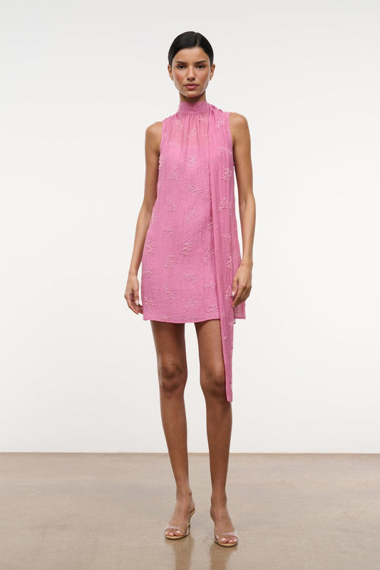 STAUD | Albee Mini Dress In Beaded Pink Organza With Neck Tie Detail