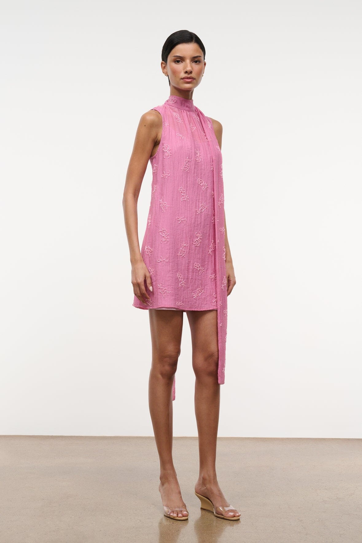 STAUD | Albee Mini Dress In Beaded Pink Organza With Neck Tie Detail
