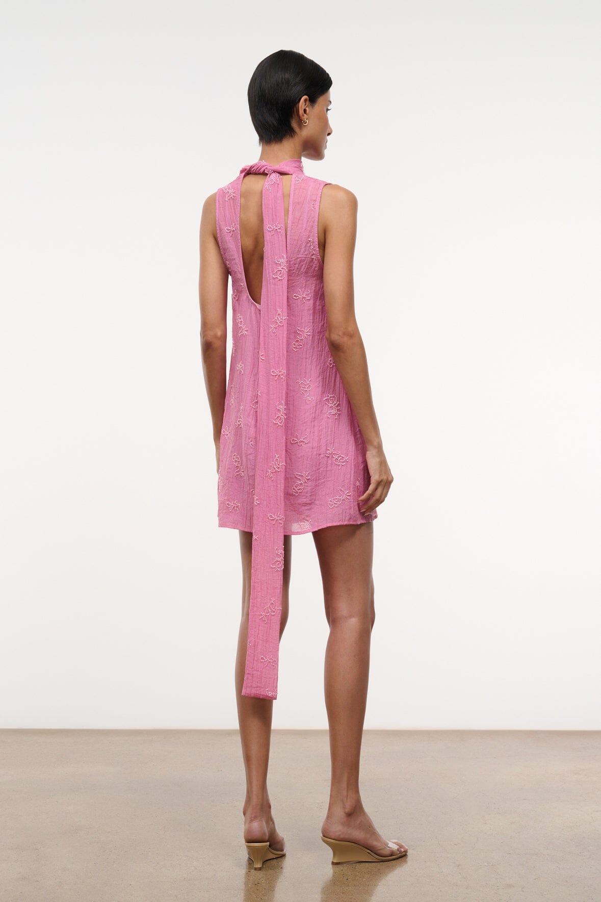 STAUD | Albee Mini Dress In Beaded Pink Organza With Neck Tie Detail