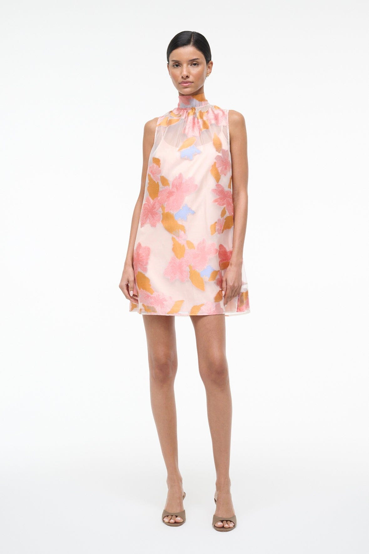 STAUD | Albee Mini Dress: Sheer Floral Organza With High Neck