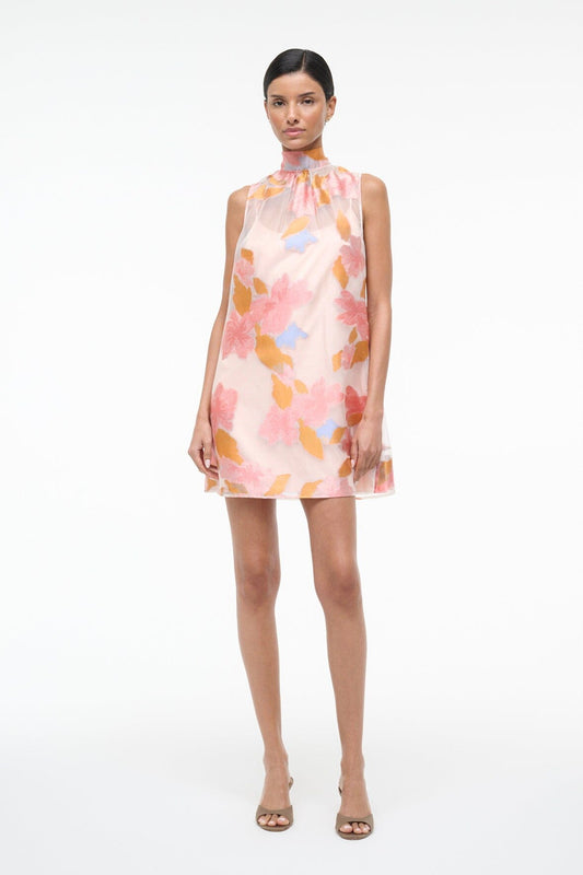 STAUD | Albee Mini Dress: Sheer Floral Organza With High Neck