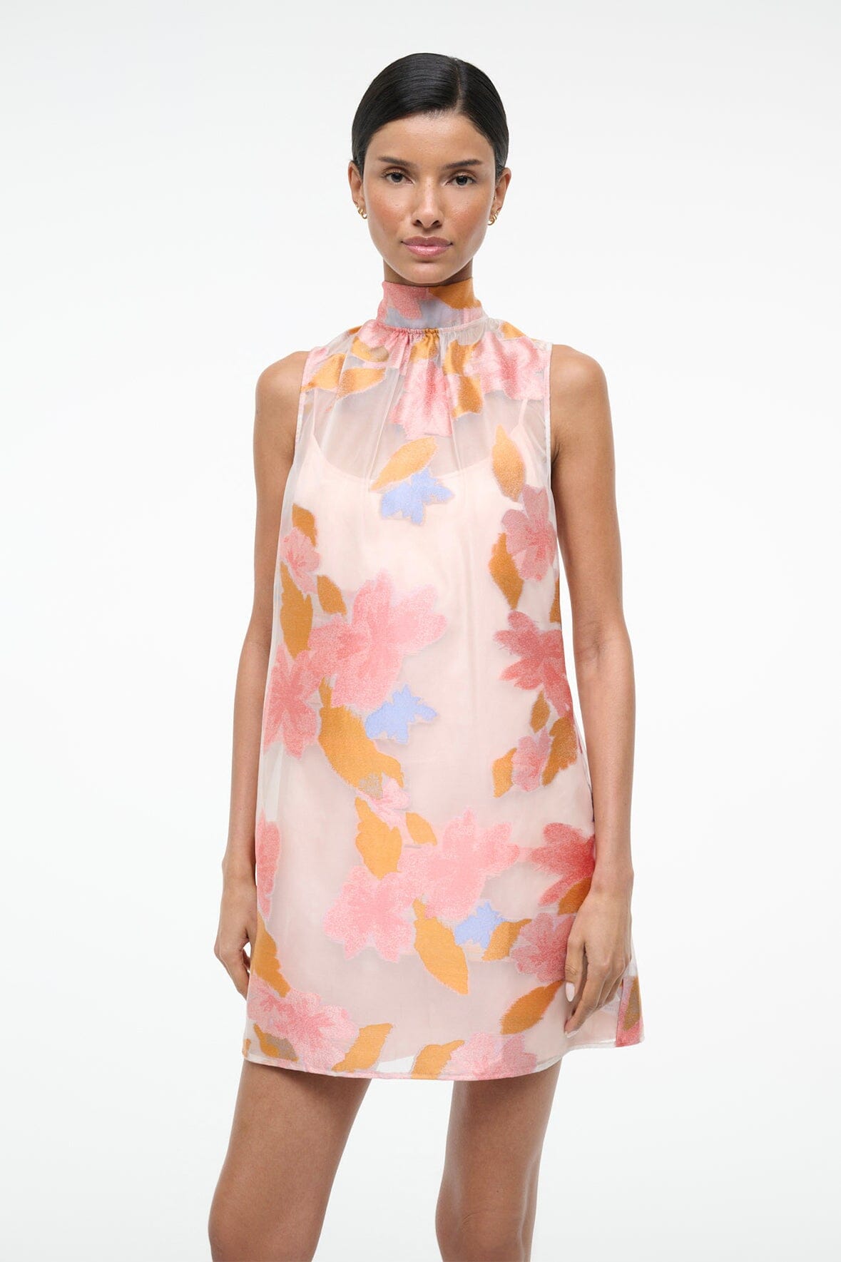 STAUD | Albee Mini Dress: Sheer Floral Organza With High Neck