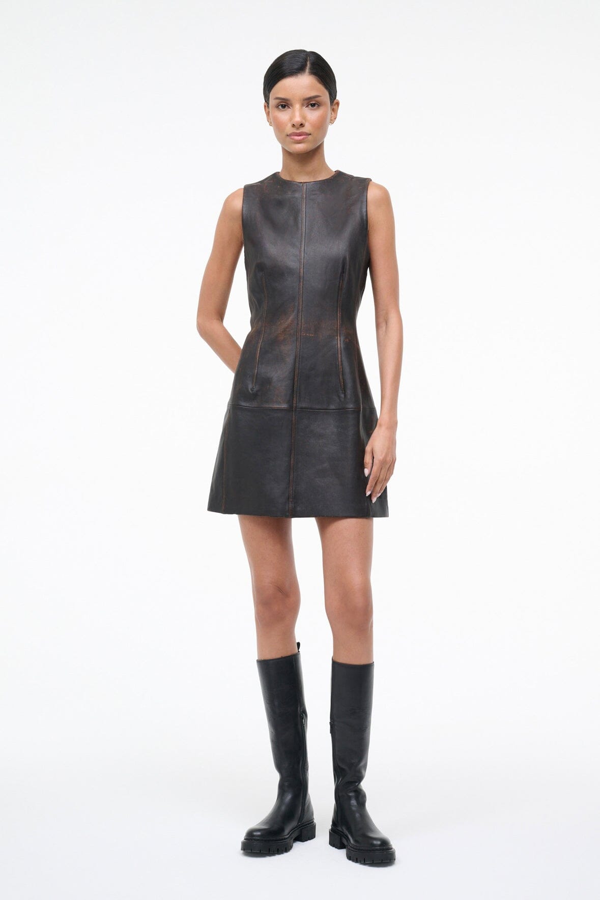 STAUD | Binx Leather Dress Distressed Brown
