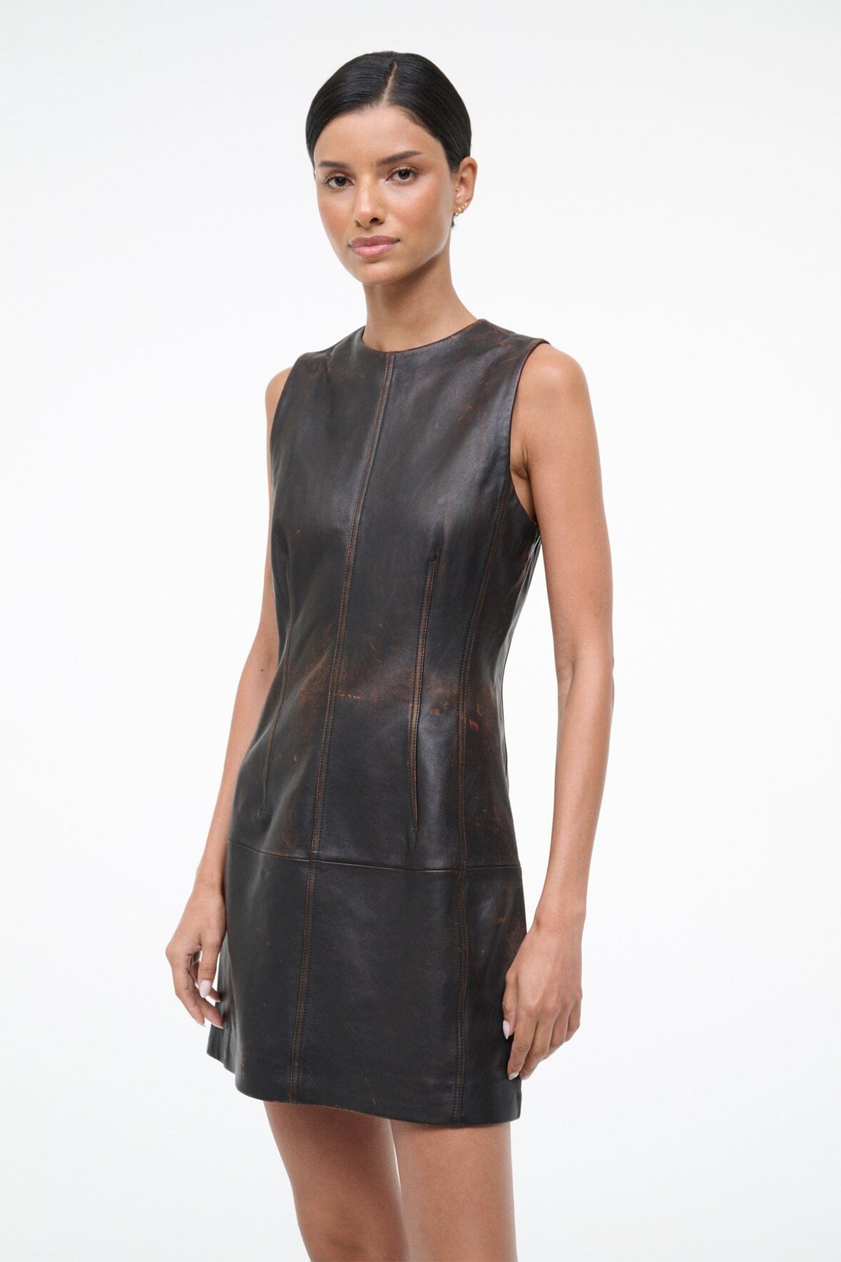 STAUD | Binx Leather Dress Distressed Brown