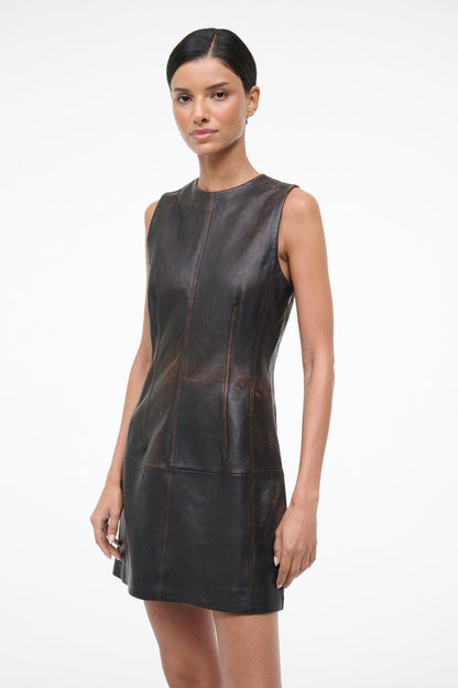 STAUD | Binx Leather Dress Distressed Brown