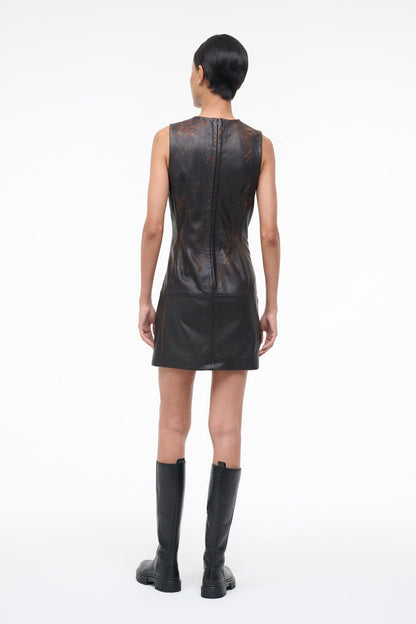 STAUD | Binx Leather Dress Distressed Brown