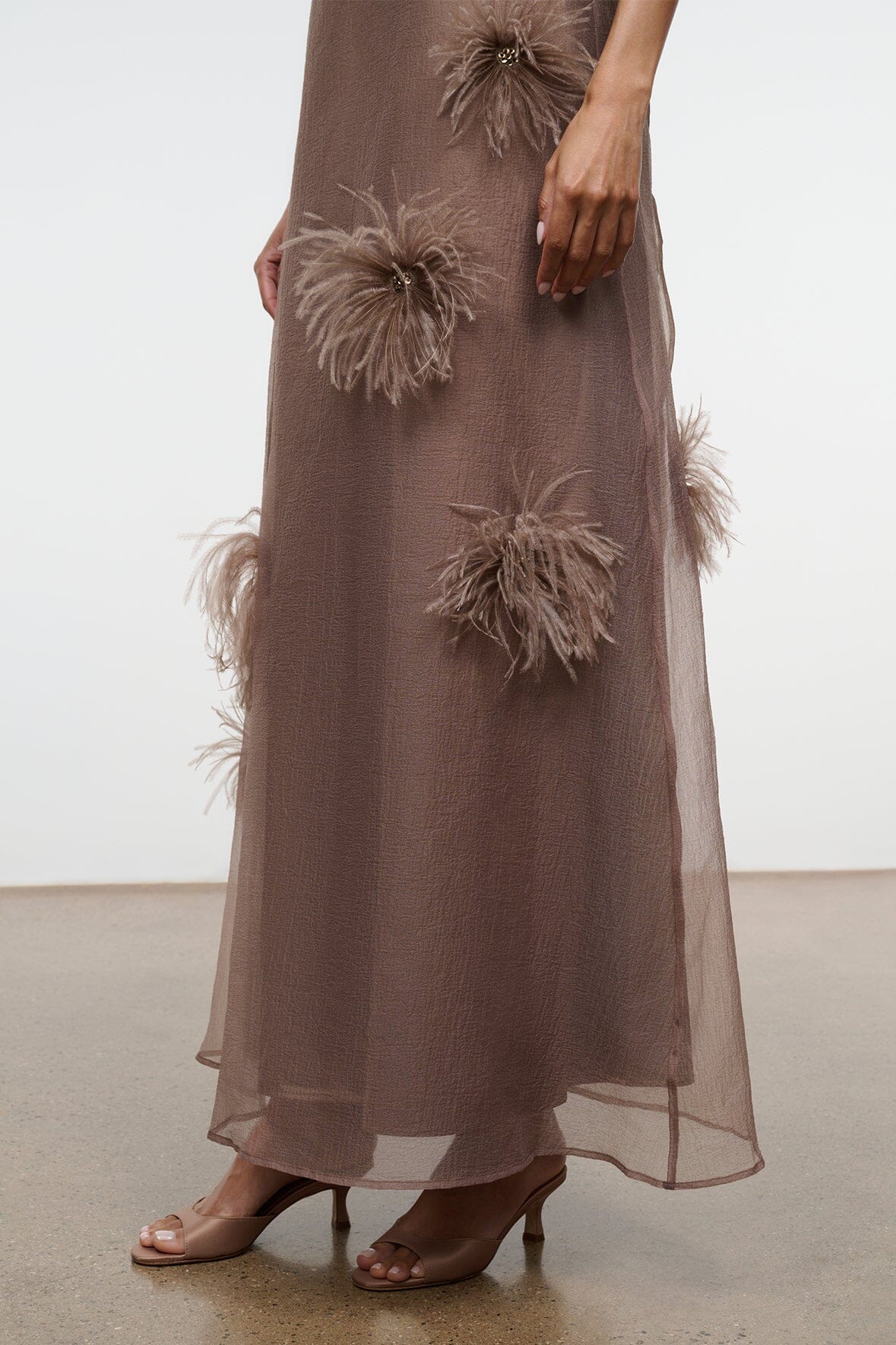 STAUD | Albee Dress In Truffle - Sheer Organza With Feather Details