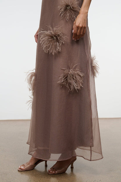 STAUD | Albee Dress In Truffle - Sheer Organza With Feather Details