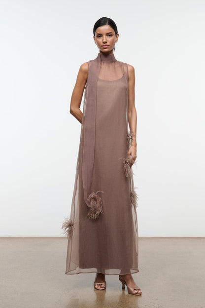 STAUD | Albee Dress In Truffle - Sheer Organza With Feather Details