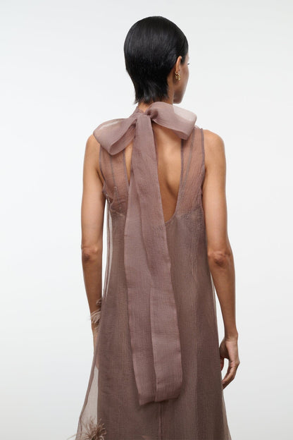 STAUD | Albee Dress In Truffle - Sheer Organza With Feather Details
