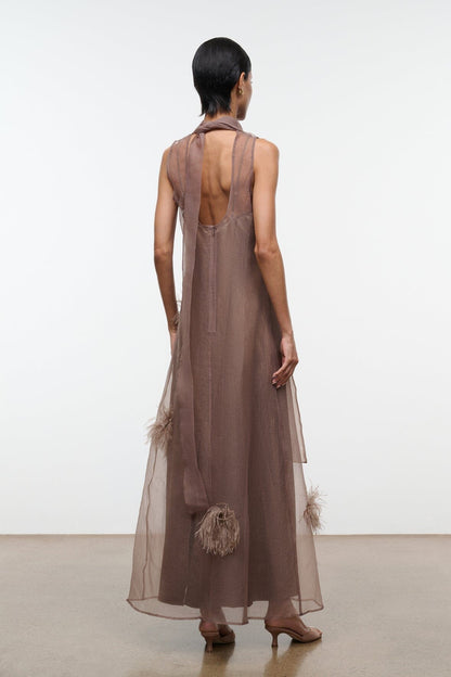 STAUD | Albee Dress In Truffle - Sheer Organza With Feather Details