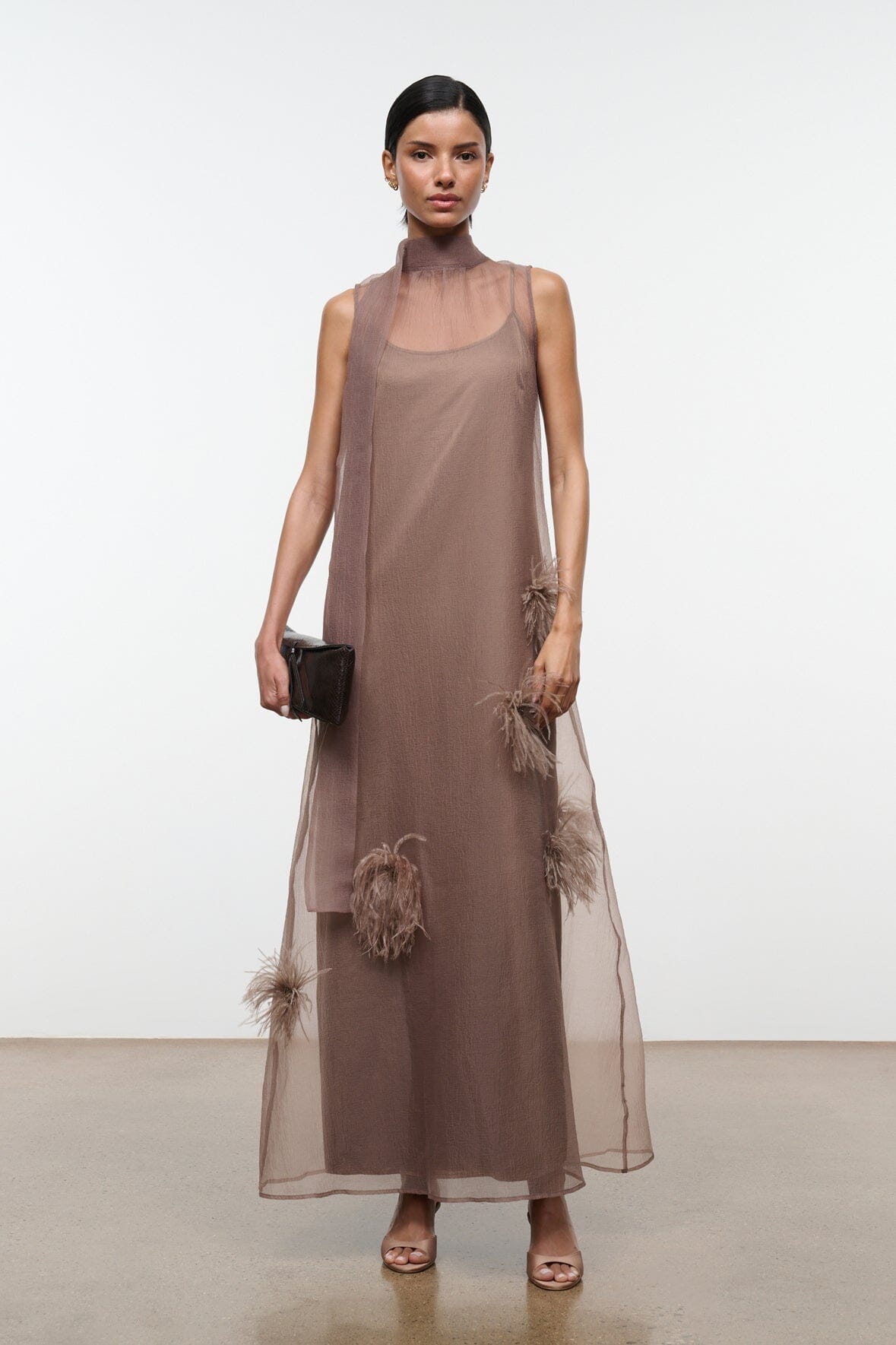 STAUD | Albee Dress In Truffle - Sheer Organza With Feather Details