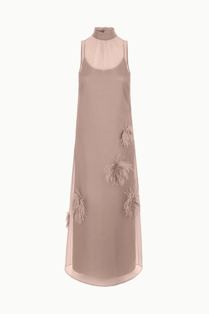 STAUD | Albee Dress In Truffle - Sheer Organza With Feather Details